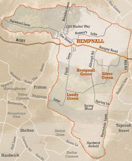 Map of Hempnall parish. The main settlements in the parish are Hempnall, Hempnall Green, Silver Green and Lundy Green